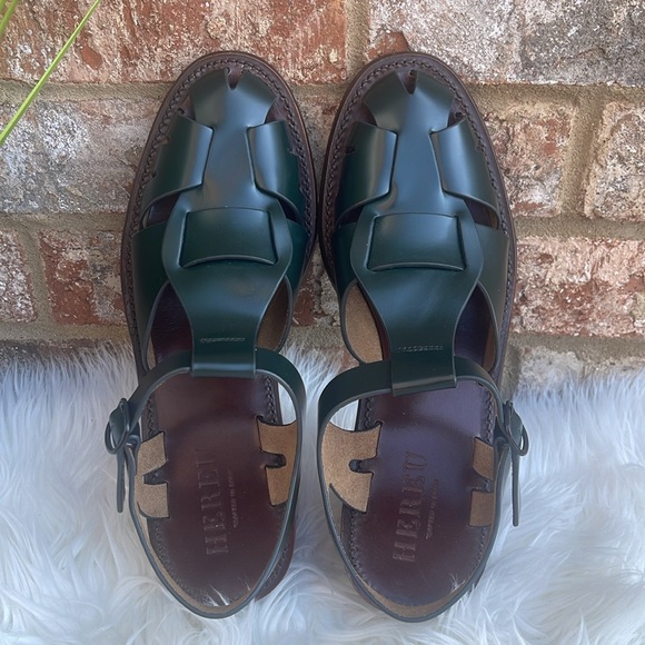 NEW Hereu Pesca Block Heel Fisherman Sandals Green Cutout Leather Shoes 40/US 10 - Picture 7 of 9